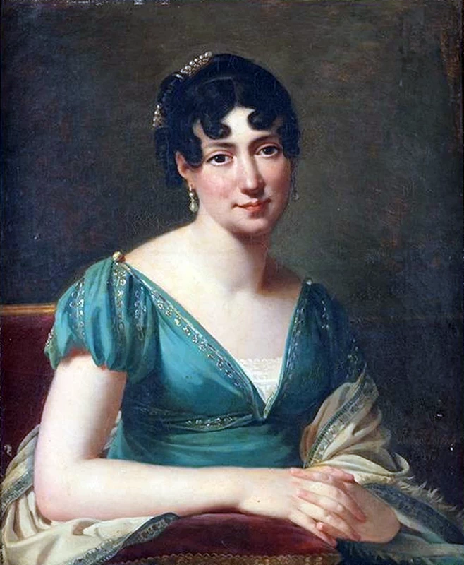 Ritratto di signora con abito blu e scialle